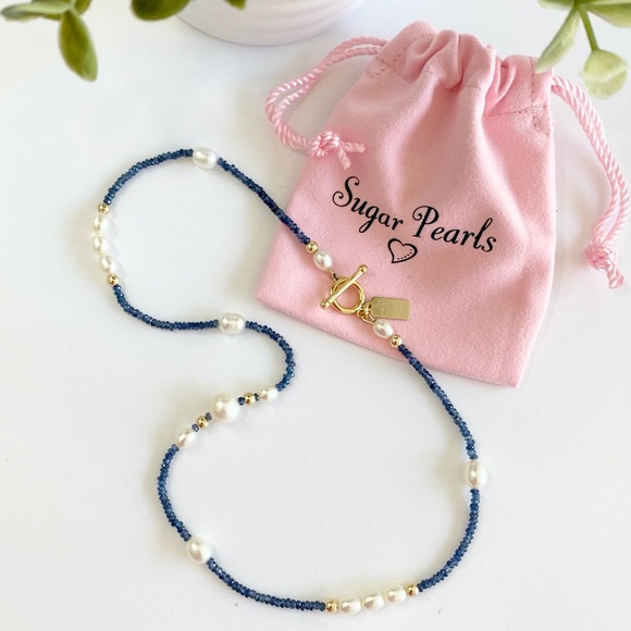 Freshwater Pearl, Sapphire & 14K Gold Necklace - Picture 2 of 8